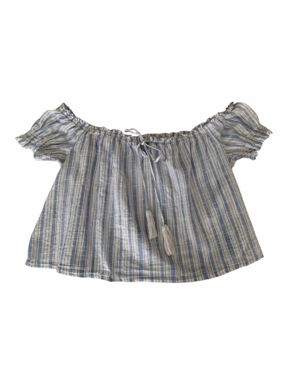 American Eagle Blue White Stripe Off Shoulder Tassel Ruffle Top Small